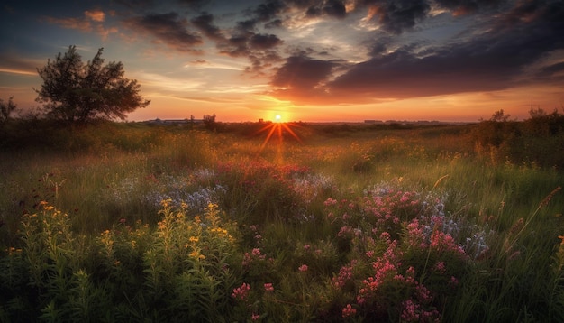 AIが生成した静かな草原の夕日に鮮やかな野の花が咲く
