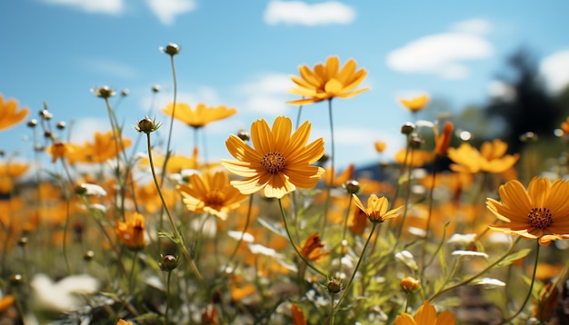 人工知能が生み出した太陽の下、静かな草原に鮮やかな野生の花が咲き誇ります。