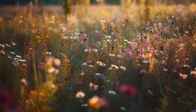 AI가 생성한 고요한 초원 일몰에 생생한 야생화 꽃