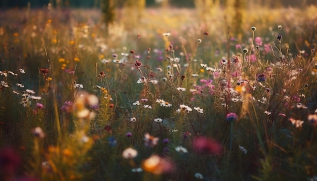 AI によって生成された、静かな草原の夕日の中で鮮やかな野生の花が咲きます