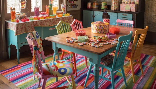 Vibrantly colorful dining table set for kids generated by AI