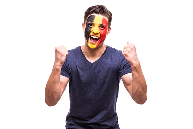 Victory, happy and goal scream emotions of Belgium football fan in game support of Belgium national team on white background.