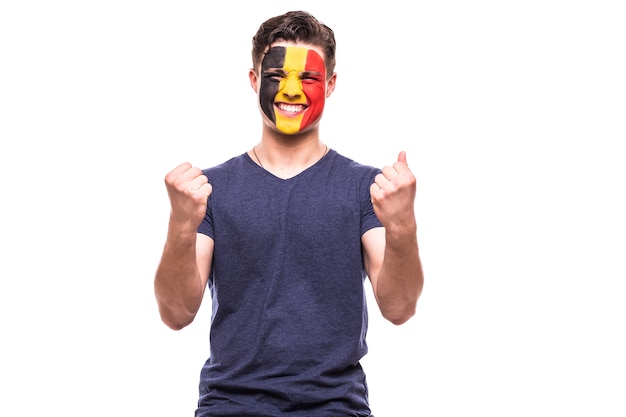 Free photo victory, happy and goal scream emotions of belgium football fan in game support of belgium national team on white background.