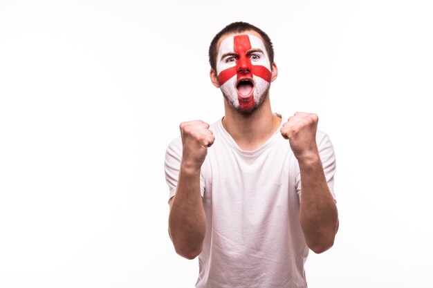 Victory, happy and goal scream emotions of british football fan in game support of England national team on white background.