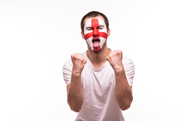 Victory, happy and goal scream emotions of british football fan in game support of England national team on white background.