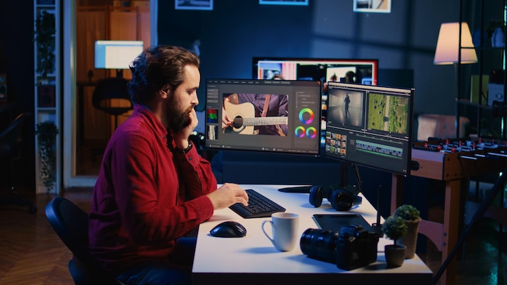 無料Photo 動画制作スペシャリストは,生クリップと映像を完成したニュースセグメントコンテンツに統合し,制作スタジオでコンピュータ編集システムと機器を操作するビデオグラファー