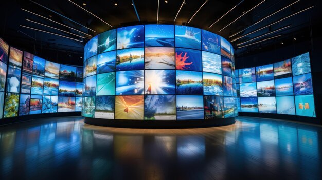 A video wall featuring multimedia images displayed on various television screens