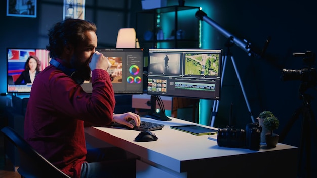 Free photo videographer adjusting clips while enjoying cup of coffee in office