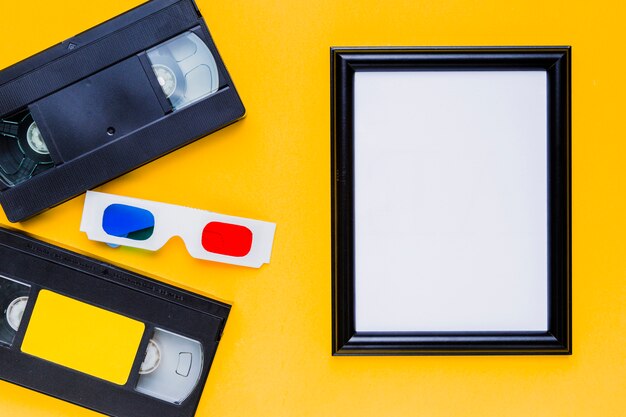 Videotape with 3d glasses and a frame