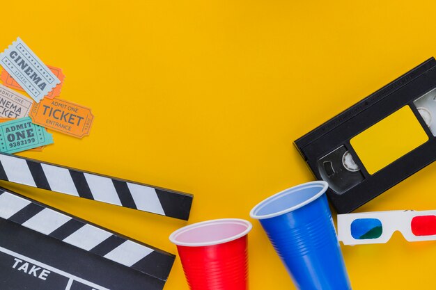 Videotape with clapperboard and 3d glasses