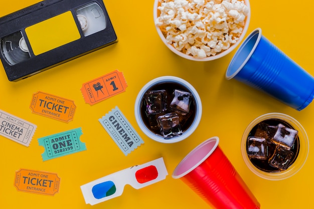 Videotape with popcorns and 3d glasses