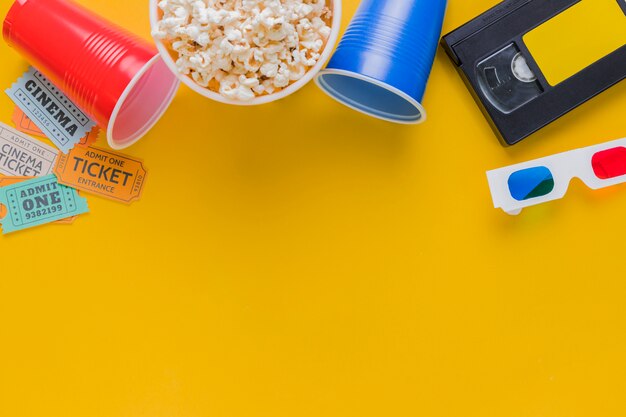 videotape with popcorns and 3d glasses