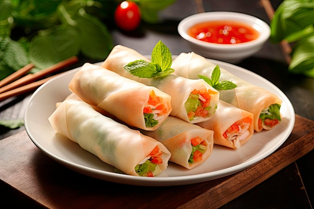 vietnamese spring rolls with sauce on wooden table