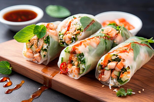 Free photo vietnamese spring rolls with sauce on wooden table