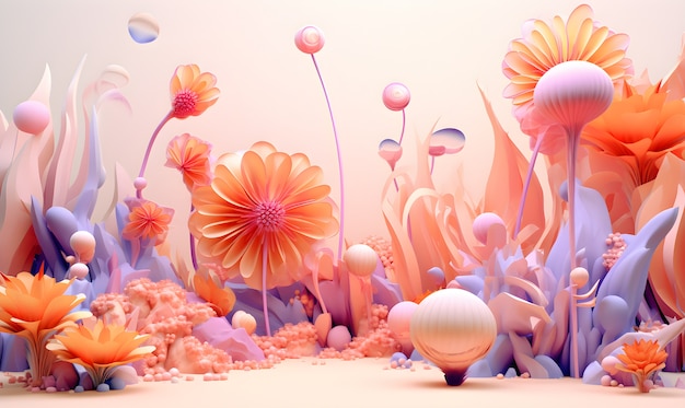 Free photo view of 3d abstract landscape with flowers