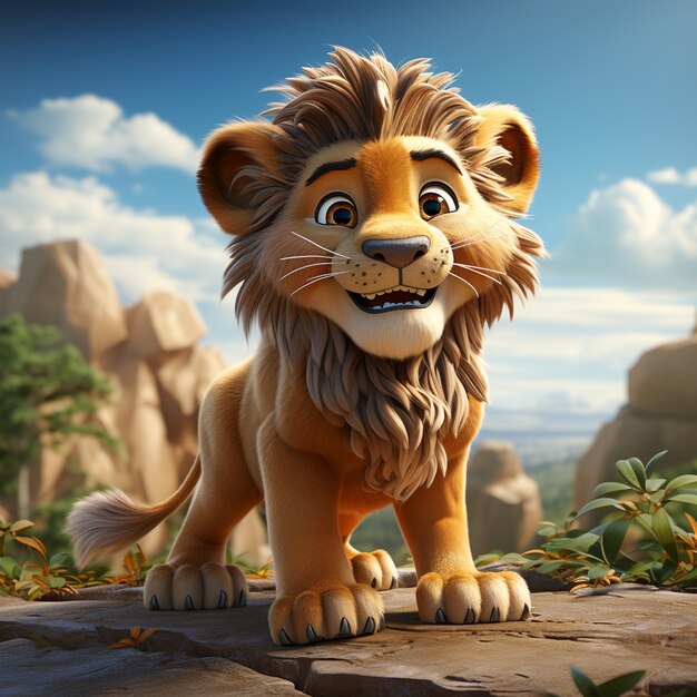 View of 3d adorable cartoon animated lion cub with nature background