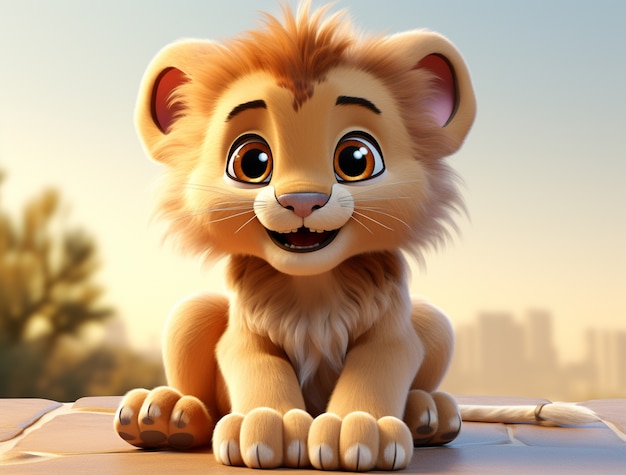 View of 3d adorable cartoon animated lion cub