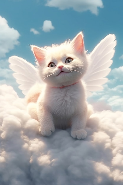 ふわふわした雲を持つ3Dの可愛い猫の景色
