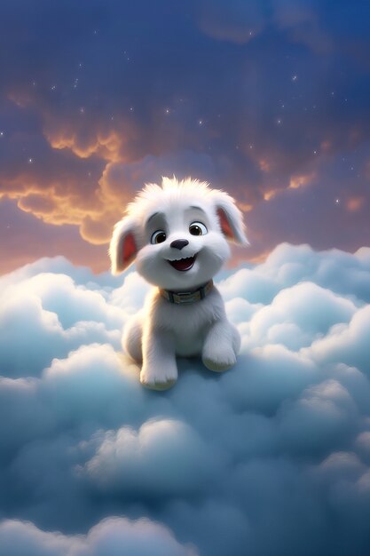 view of 3d adorable dog with fluffy clouds