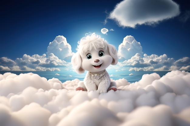 View of 3d adorable dog with fluffy clouds