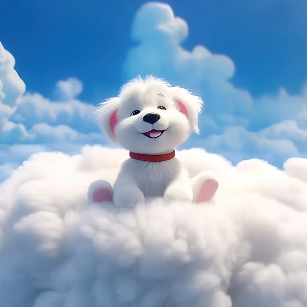 ふわふわした雲を持つ可愛い3D犬の景色