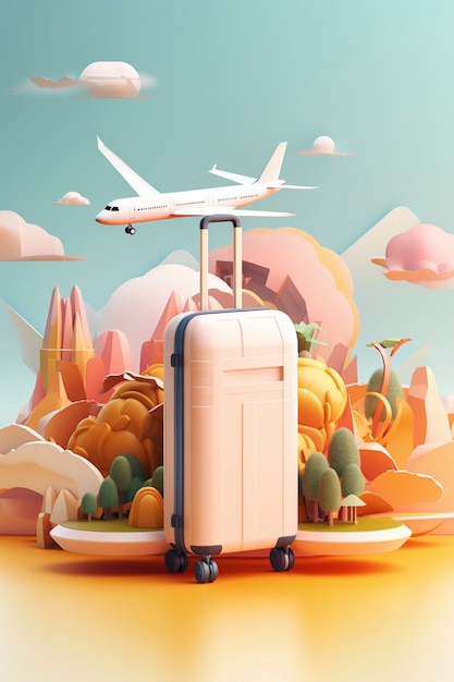 Вид трехмерного самолета с пейзажем места назначения путешествия