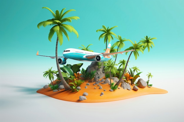 Foto gratuita vista di un aereo 3d con il paesaggio della destinazione di viaggio