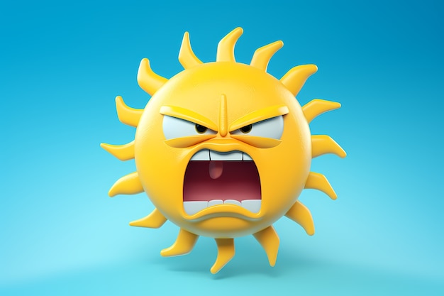 Free photo view of 3d angry sun with blue background