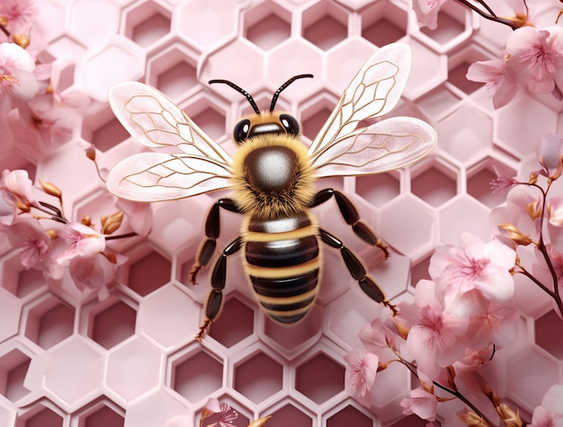 Бесплатное фото Посмотреть 3d-пчелиное насекомое с сотами и цветами