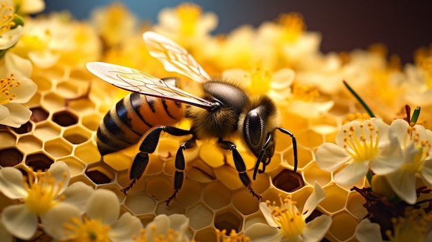 Free photo view 3d bee insect with honeycomb and flowers