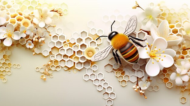 View 3d bee insect with honeycomb and flowers