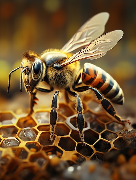 벌집이 있는 3D 꿀벌 곤충 보기