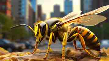 Free photo view of 3d bee with city background