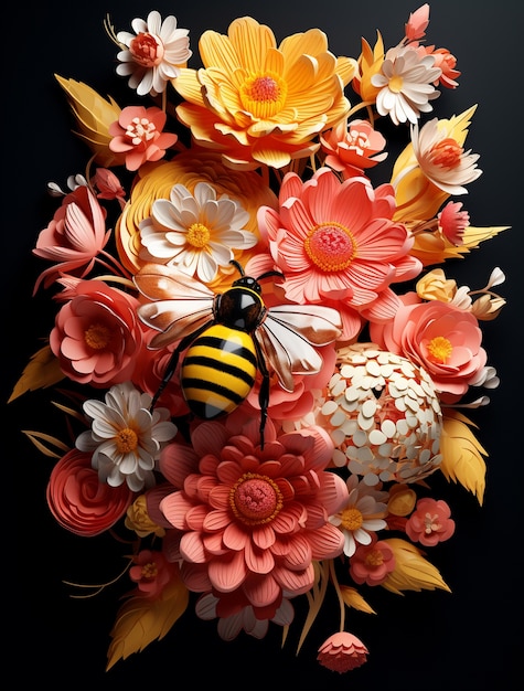 Free photo view of 3d bee with flowers