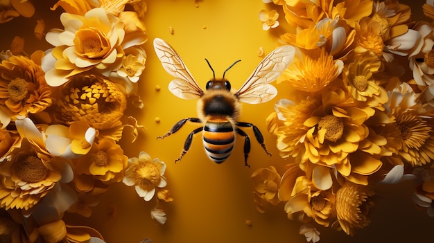 View of 3d bee with flowers