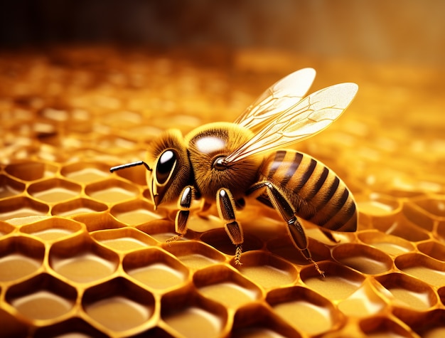 View of 3d bee with honeycomb