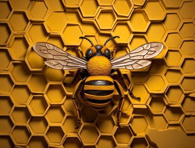 View of 3d bee with honeycomb