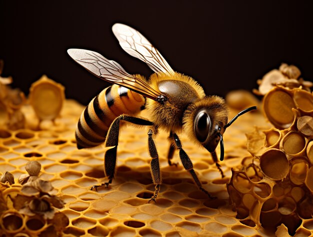 View of 3d bee with honeycomb