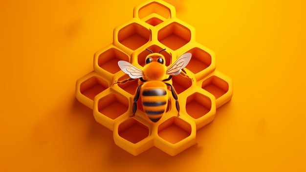 View of 3d bee with honeycomb