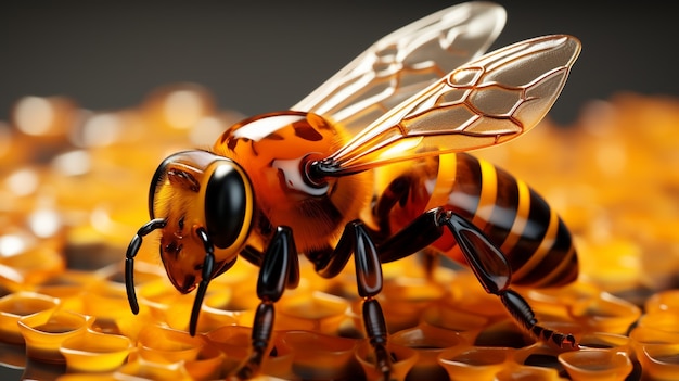 View of 3d bee with honeycomb