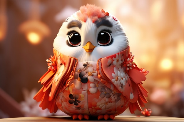 Free photo view of 3d bird with asian outfit