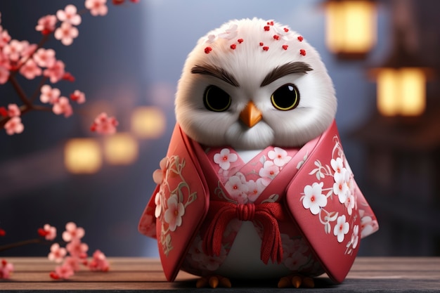 Free photo view of 3d bird with asian outfit