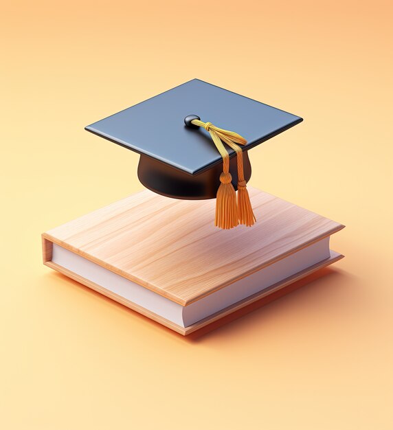 View of 3d book with graduation cap