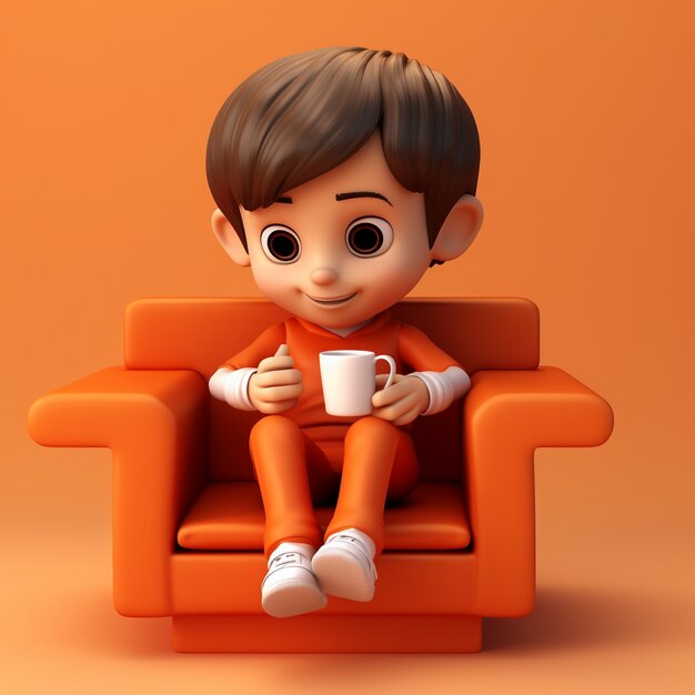 View of 3d boy in armchair with cup