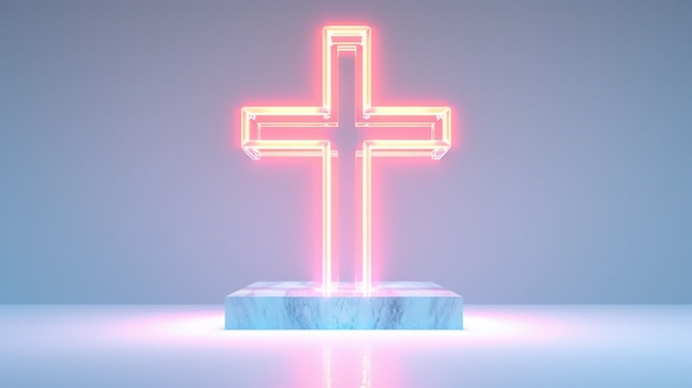 Вид на трехмерный яркий неоновый религиозный крест