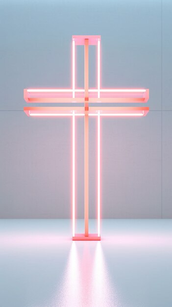 View of 3d bright neon religious cross