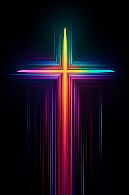 View of 3d bright neon religious cross