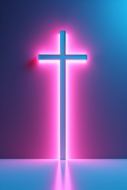 View of 3d bright neon religious cross