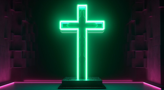 Foto gratuita vista della croce religiosa al neon luminosa 3d