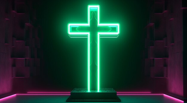 3 d の明るいネオンの宗教的な十字架の眺め
